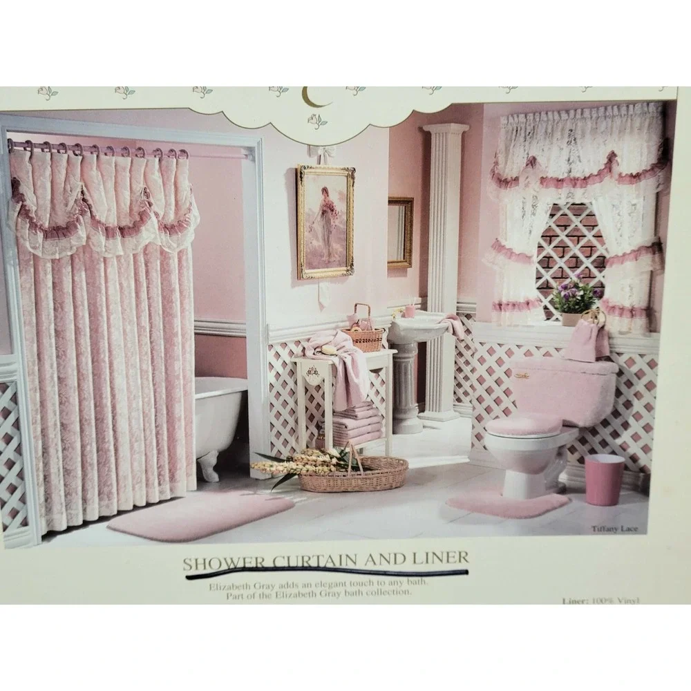 NIP Elizabeth Gray Shower‎ Curtain & Liner Smoke Blue Tiffany Lace 6x6
